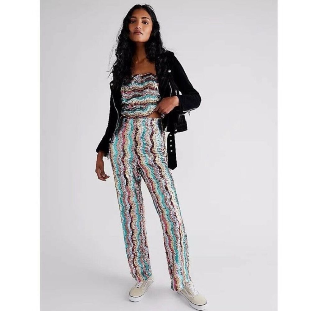 Free People Multicolor Boot Cut Colorful Sequined Pants